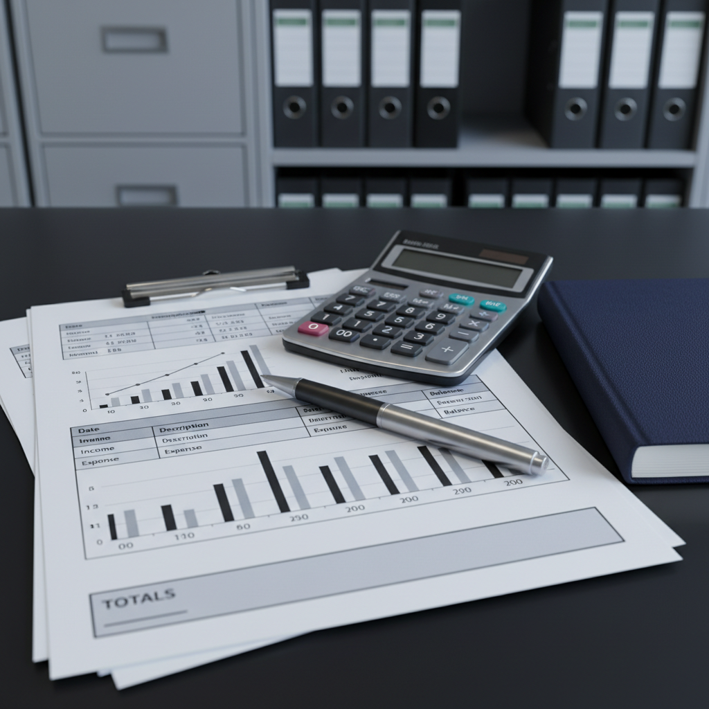 A close-up, photographic view of a tidy stack of monthly financial reports clipped together on a dark, smooth office table, each report showing clearly structured tables, simple monochrome graphs, and highlighted totals. A sleek metal pen rests diagonally across the top report, next to a compact calculator and a closed notebook with a textured navy cover. Cool, diffused overhead office lighting creates an even, shadow-free illumination, enhancing the clarity of paper textures and printed lines. The background is softly blurred, showing hints of filing cabinets and an organized shelf of binders. Captured from a slightly elevated angle with a moderate depth of field, the mood is precise, trustworthy, and methodical, reflecting professional bookkeeping and accounting documentation services.