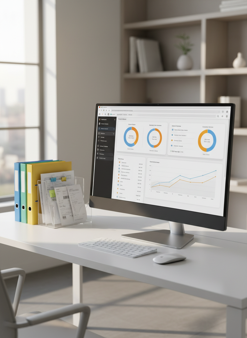 An immaculate contemporary office corner dedicated to outsourced bookkeeping, with a wide monitor on a minimalist white desk displaying a clean accounting dashboard of categorized transactions, expense breakdowns, and cash flow charts. Below the monitor, a wireless keyboard and mouse are aligned perfectly, with a small stack of color-coded binders and a clear acrylic file stand holding sorted invoices and receipts. Natural afternoon light enters from a large side window, producing soft highlights on the monitor’s edges and faint shadows behind the desk accessories. Photographic realism, captured from a slightly elevated three-quarter angle, with sharp focus on the workstation and a gently blurred background of neutral-toned shelves. The atmosphere is orderly, professional, and reassuring, emphasizing efficient, digital bookkeeping operations handled with care.