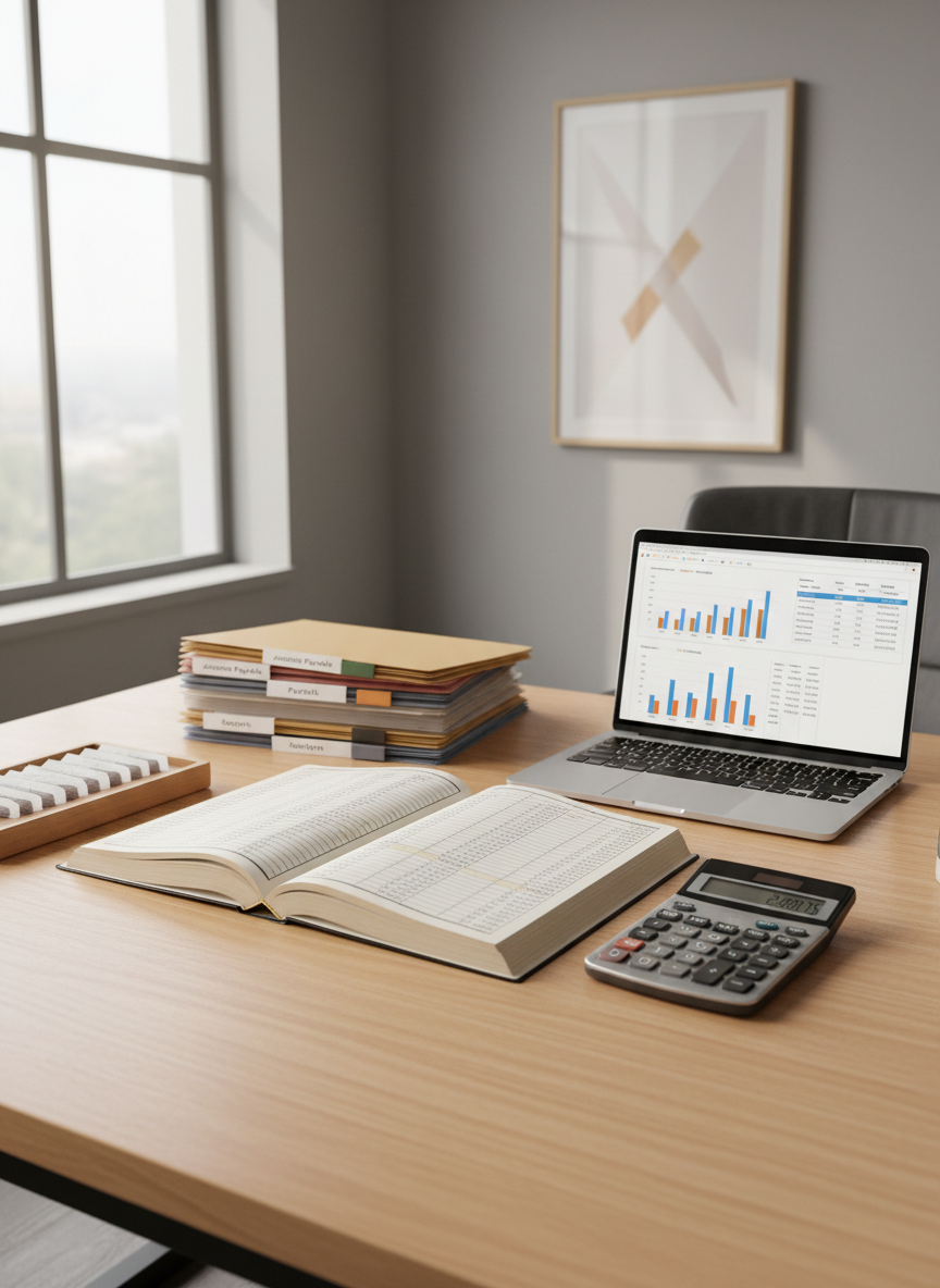 A neatly organized bookkeeping workstation on a light wood desk, featuring an open ledger book with crisp, lined pages and neatly written numerical entries, beside a modern laptop displaying clean bar charts and balance sheets. A slim calculator, stacked folders with labeled tabs, and a small tray of neatly aligned receipts surround the main area, conveying structured financial management. Soft daylight from a large office window to the side creates gentle, natural reflections on the laptop screen and calculator keys, casting subtle, orderly shadows. Photographic realism, shot at eye level with a slight angle, sharp focus throughout, in a calm, professional corporate office setting with neutral gray walls and a minimal, clutter-free background, emphasizing reliability and precision in bookkeeping services.